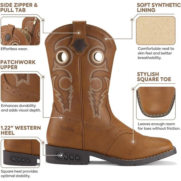 ⚡Kids Girls Brown Western Boots Square Toe Cowgirl Boots For Toddler Calf High - Picture 2 of 5